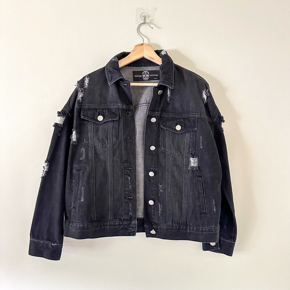 Hipchik Couture Star Embellished Distressed Denim Jacket Black L